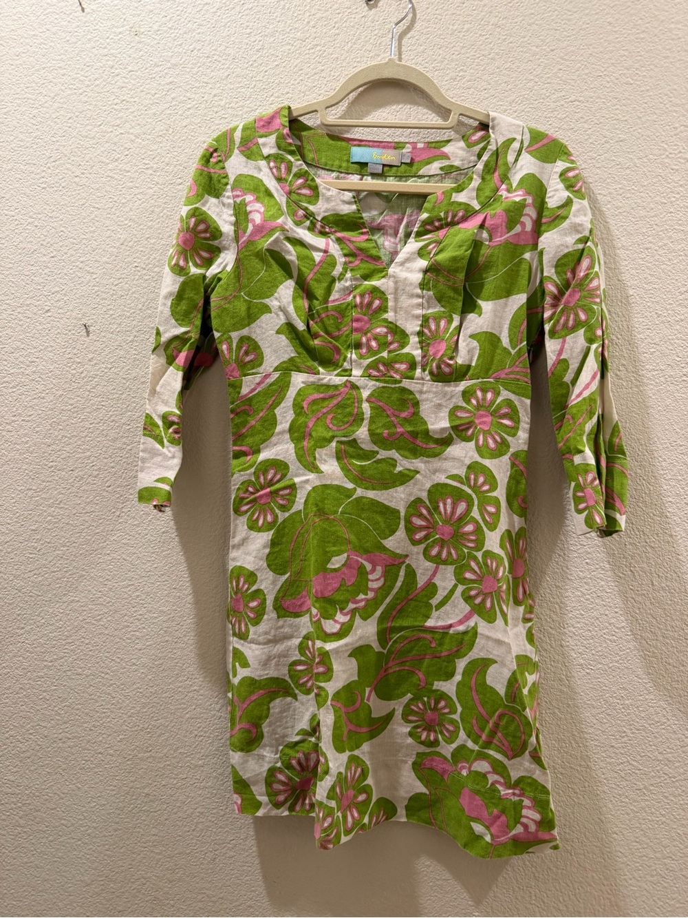 Boden Green Pink Floral Linen Dress Size 6